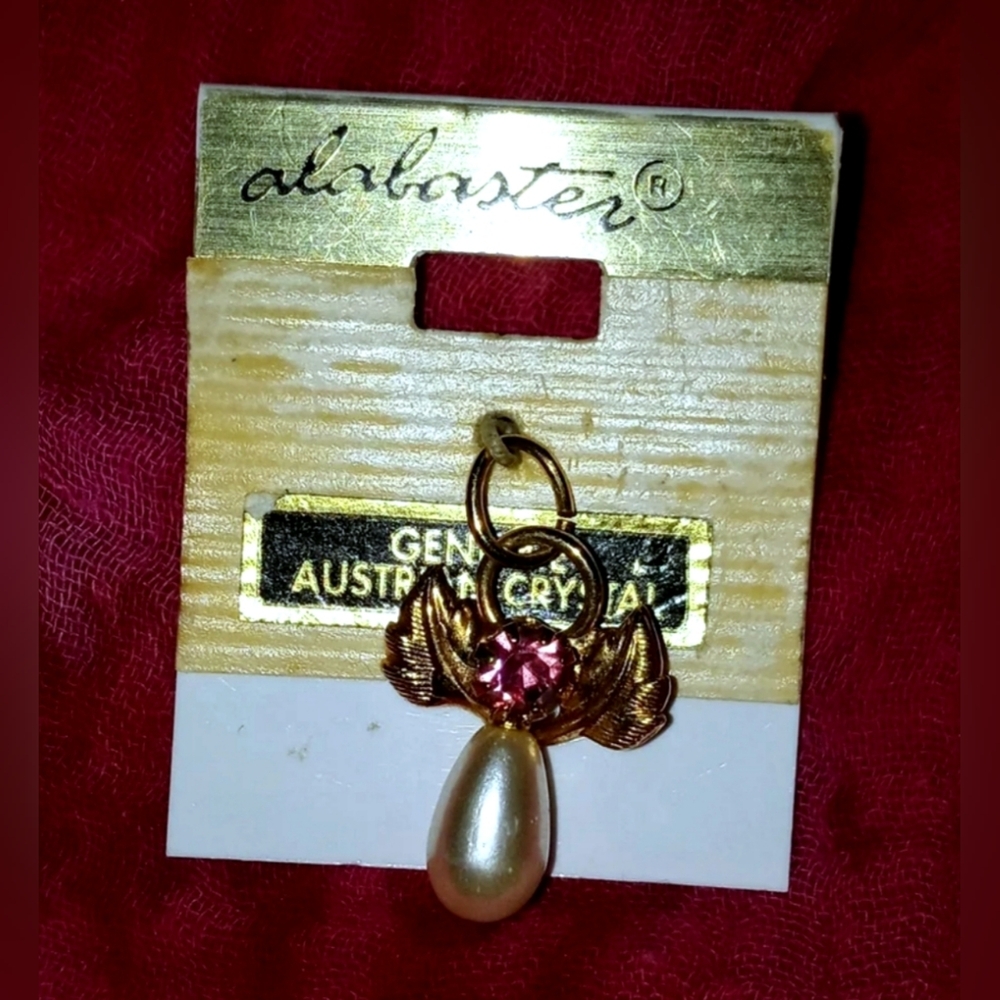Vintage Genuine Austrian Pink Crystal Guardian Angel Wings Faux Pearl Charm
